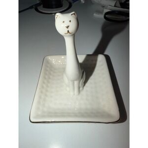 White Ceramic Cat Ring Holder Dish Trinket Tray Jewelry Organizer